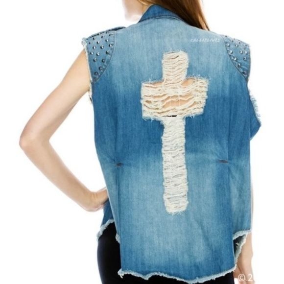 Callie Christian Cross Stud Denim Jean Jacket Vest - Picture 7 of 7